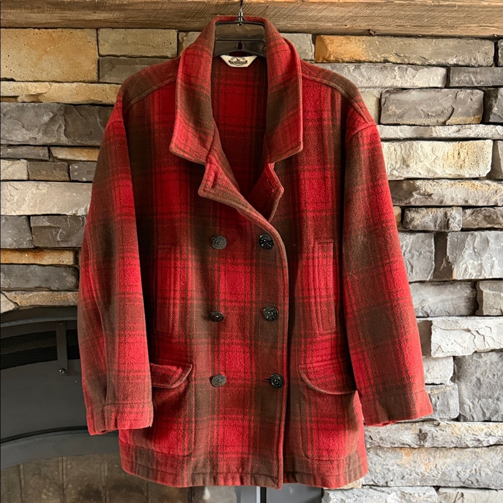 Eddie Bauer Legends Mens 100% Wool Red and Brown Double breasted Coat Vintage